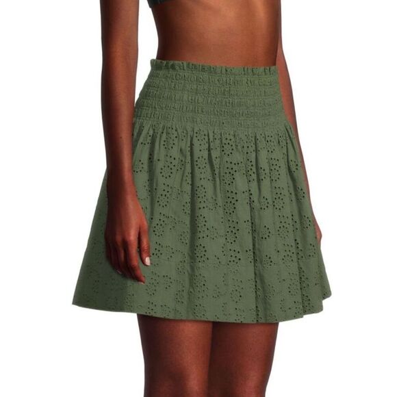 JASON WU Smocked Eyelet Mini Skirt in Olive Green NWT Size Large - Picture 4 of 10